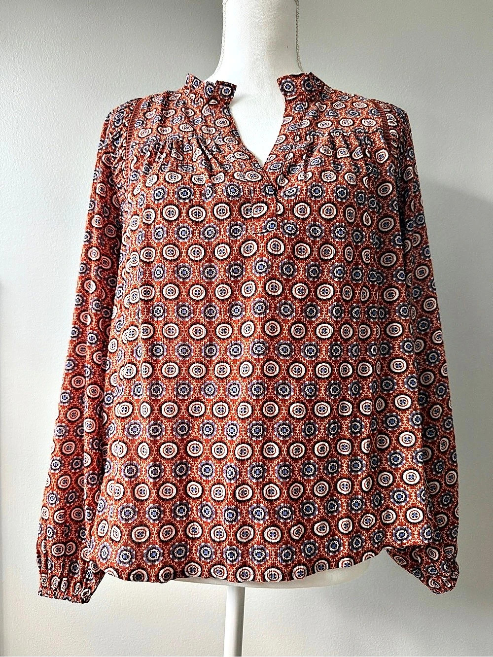 LOFT Medallion Shirred Ruffle Tie Neck Blouse Orange & Blue Small